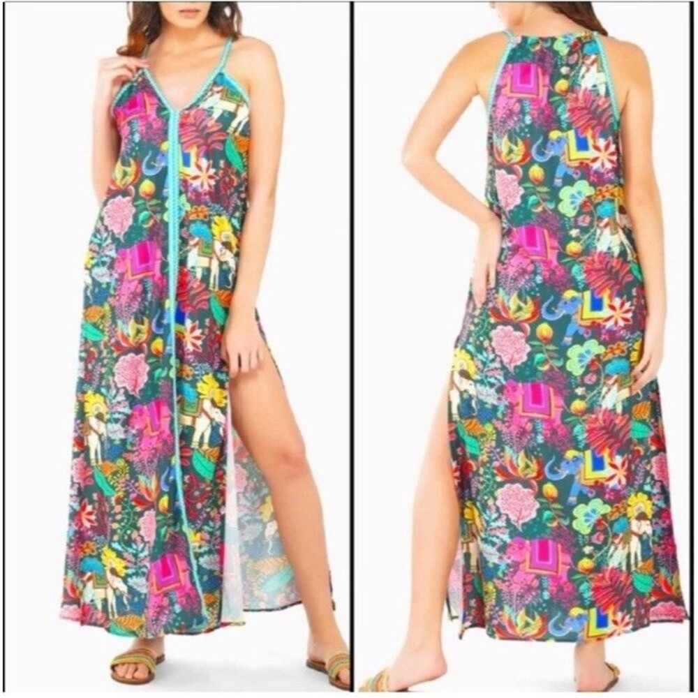 America & Beyond Majestic Nights Maxi Dress Small Elephant Slit Boho Resort Chic